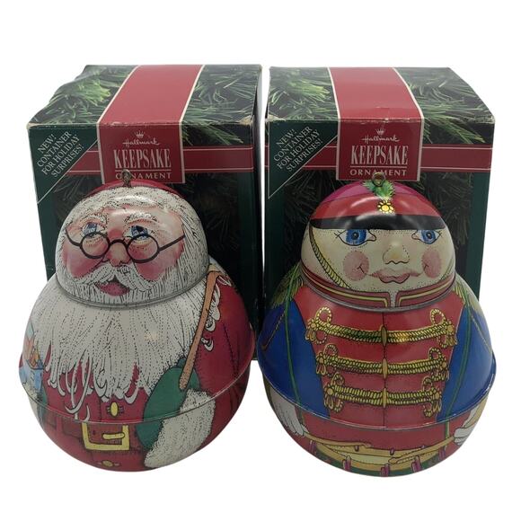 Vtg 1991 Hallmark Keepsake Pressed Tin Ornaments Jolly Wolly Santa Soldier Pair - Picture 1 of 7